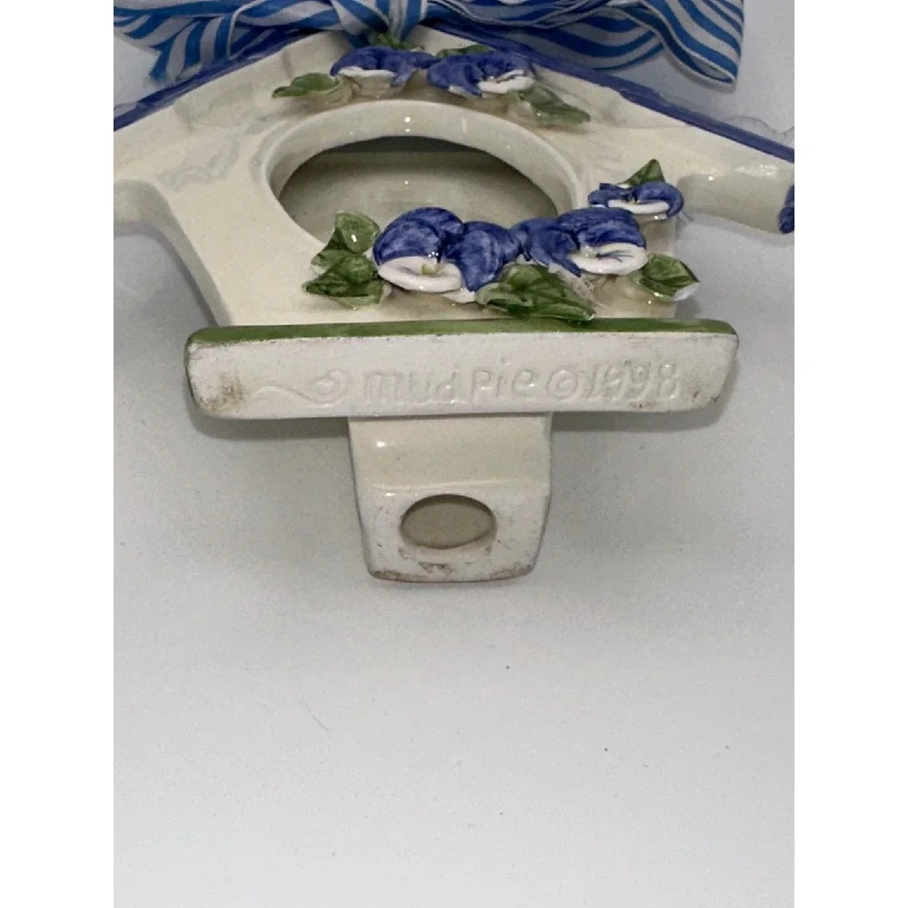 Mud Pie 1998 Ceramic Birdhouse Picture Frame Blue Pansy Floral Striped Bow 6.5